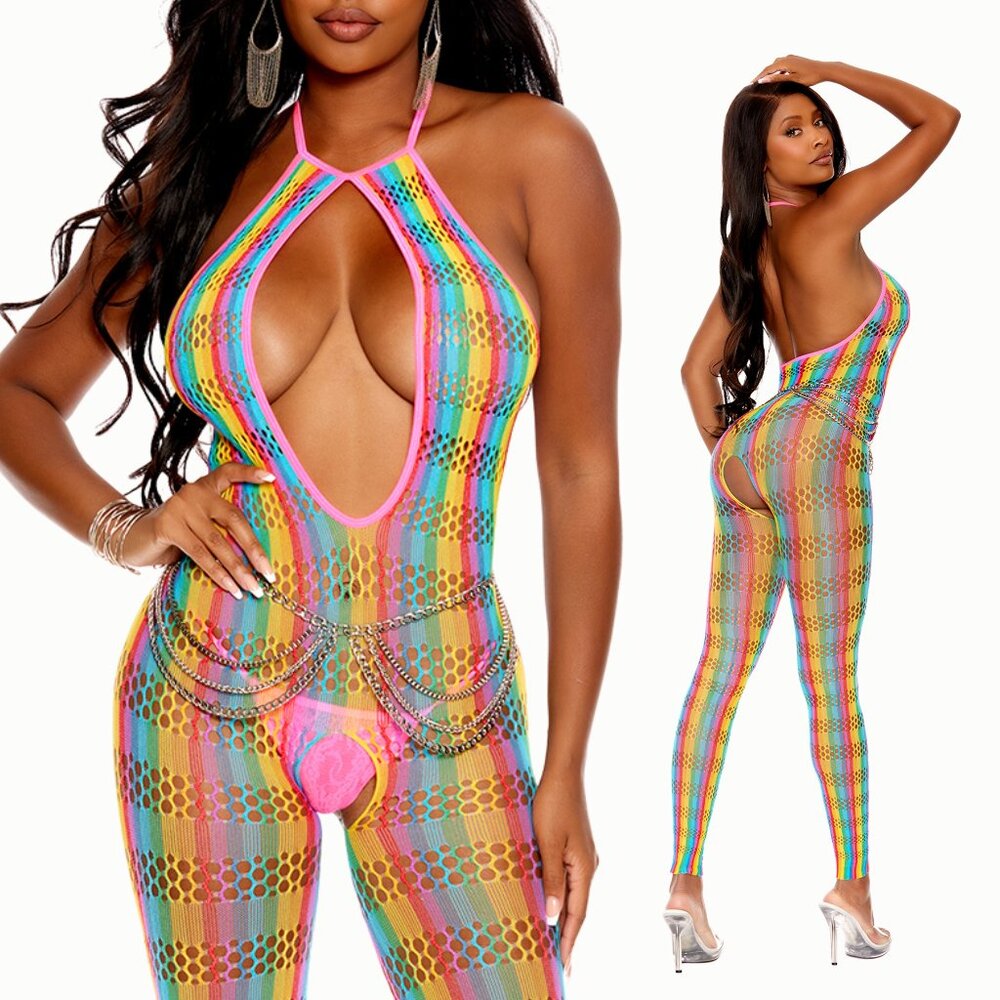 Rainbow Bodystocking Footless Sheer Open Crotch Lingerie NWT